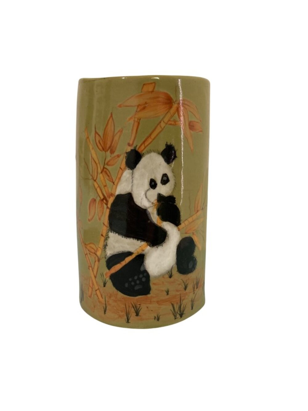 Vintage Hand Painted Bamboo Vase With Naïve Panda Design